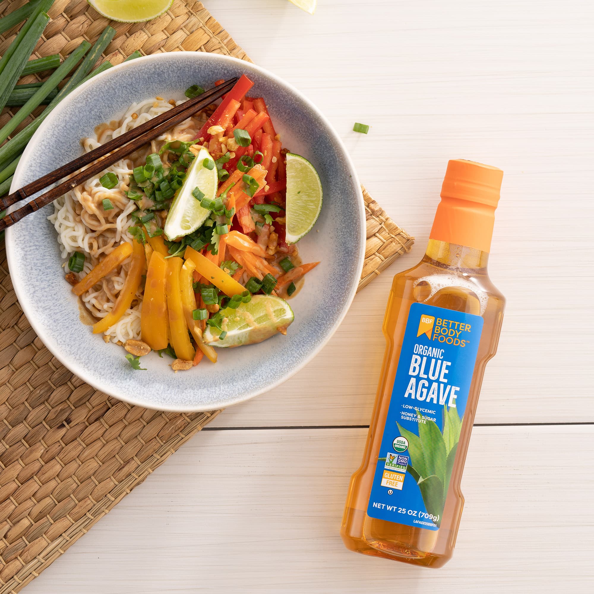 A meal served with BetterBody Foods agave.