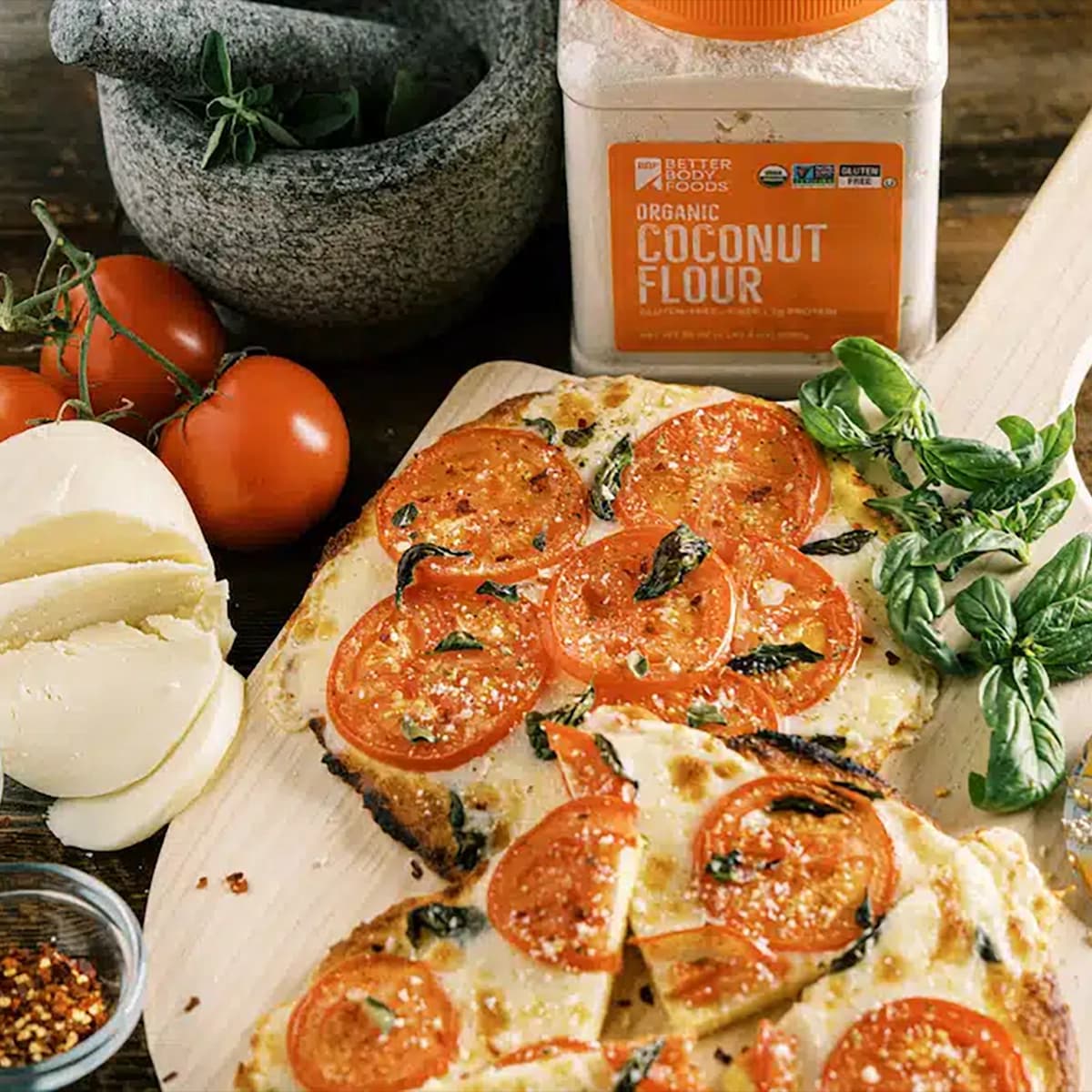 Coconut Flour Pizza Crust with Fresh Tomatoes and Basil